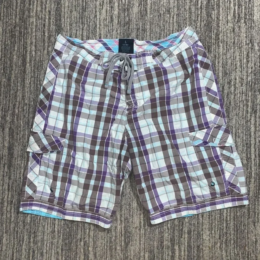 Old Navy Mens Size Large Cargo Swim Shorts Purple Cream Plaid Tie Beach Summer